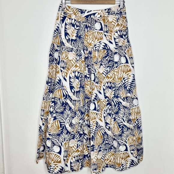 Staud Tiered Sea Midi Skirt Womens 8 Ruffled Blue Tan Nature Tree Print Cotton - Picture 7 of 7